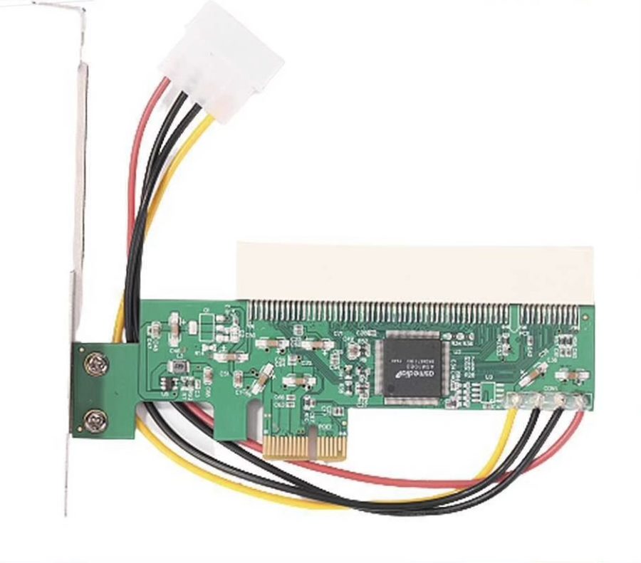 The PCIe-to-PCI adapter I bought — Molex power lead, bridge chip, and a full-length PCI slot
