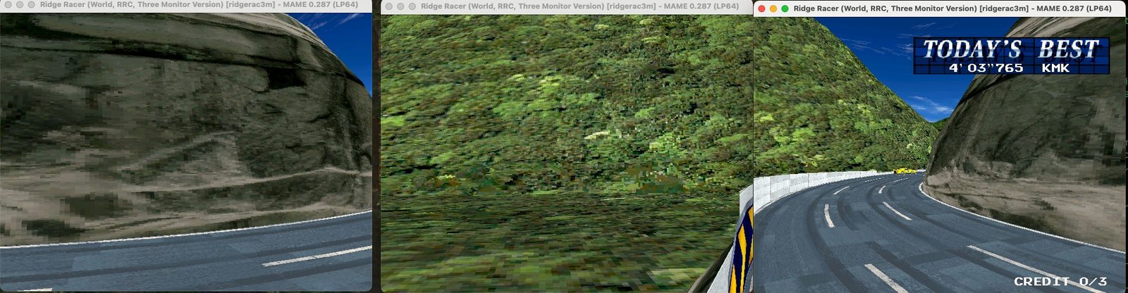 Three linked MAME windows running Ridge Racer Three Monitor Version, showing distinct camera angles per screen